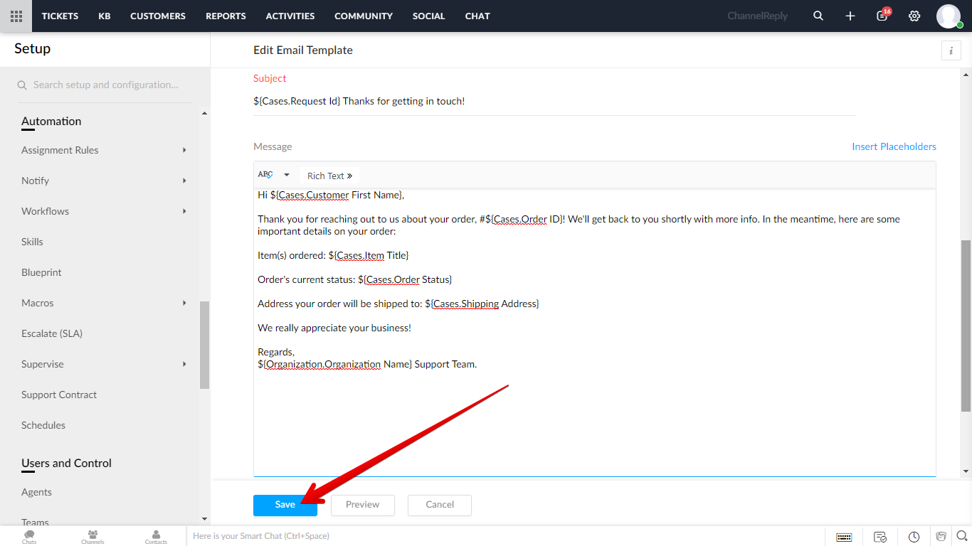 Save button on the Receiving a New Ticket notification rule