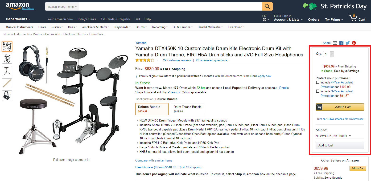 Amazon Buy Box for Yamaha Electric Drums