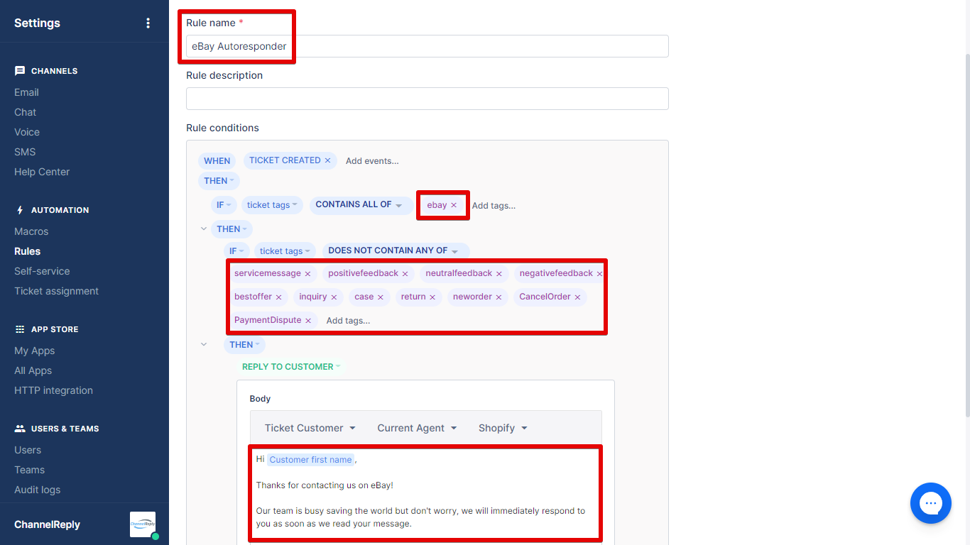 eBay Autoresponder Rule Conditions