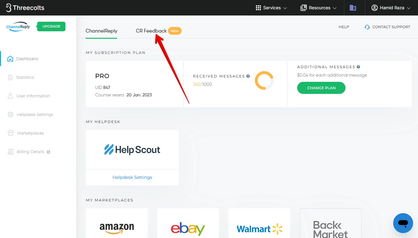 CR Feedback Tab on the ChannelReply Dashboard