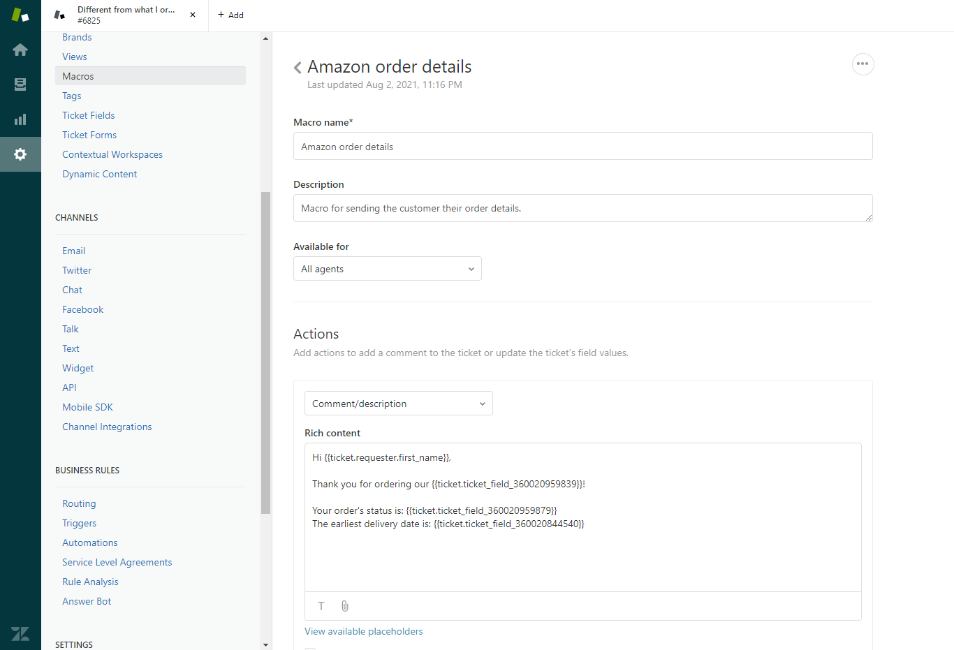Zendesk Macro with ChannelReply Custom Fields as Placeholders