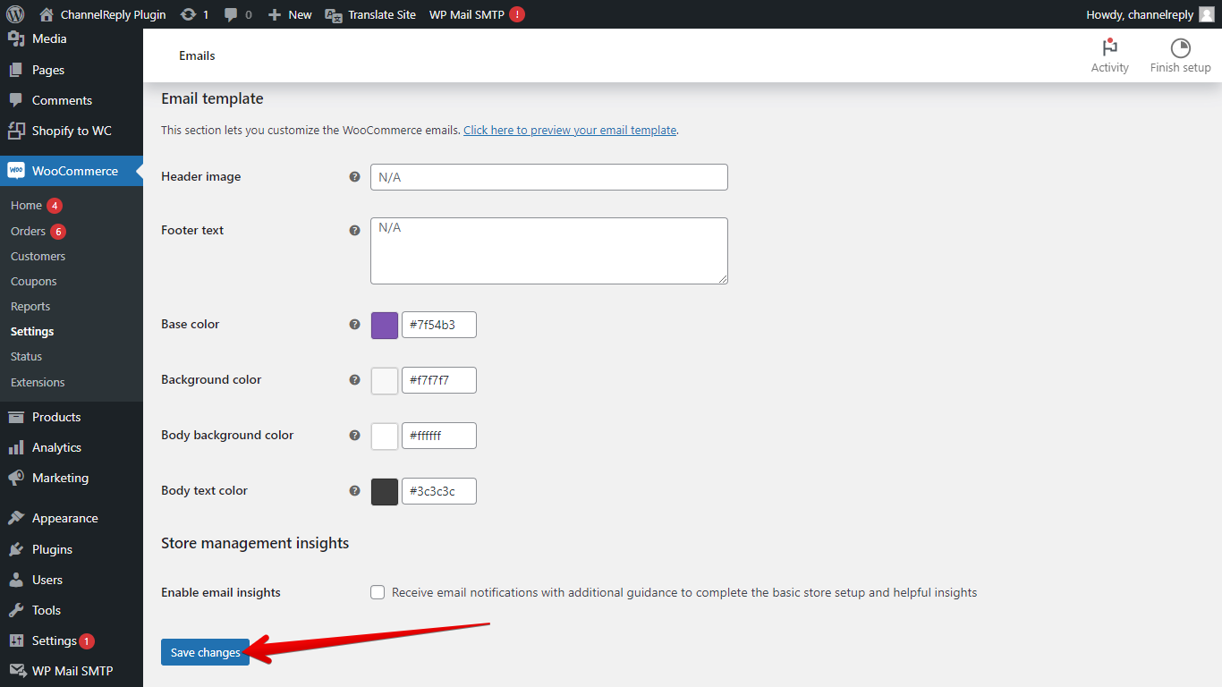 Save changes button for WooCommerce email settings