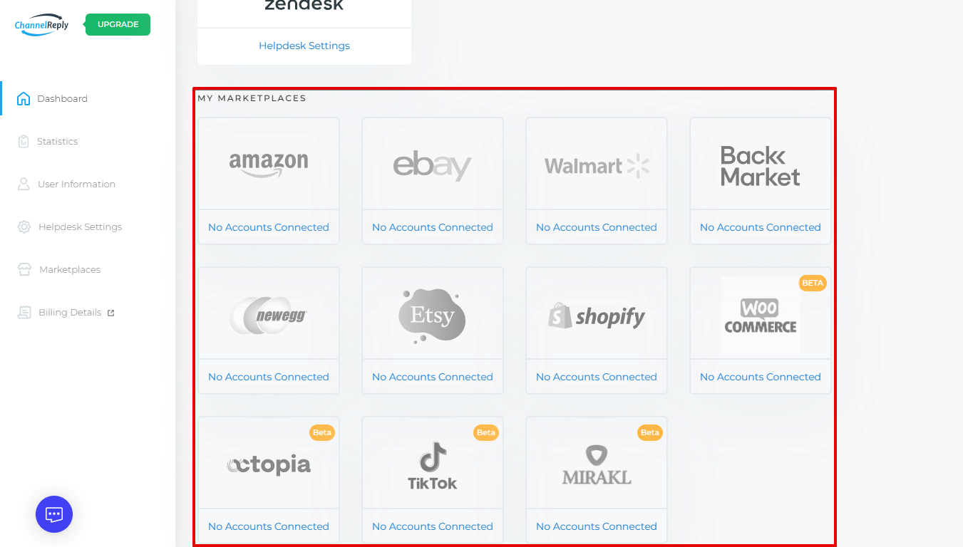Integrate Amazon, eBay, Walmart, Back Market, Newegg, Shopify, WooCommerce, Octopia, Tiktok, or Mirakl with Zendesk from the ChannelReply Dashboard