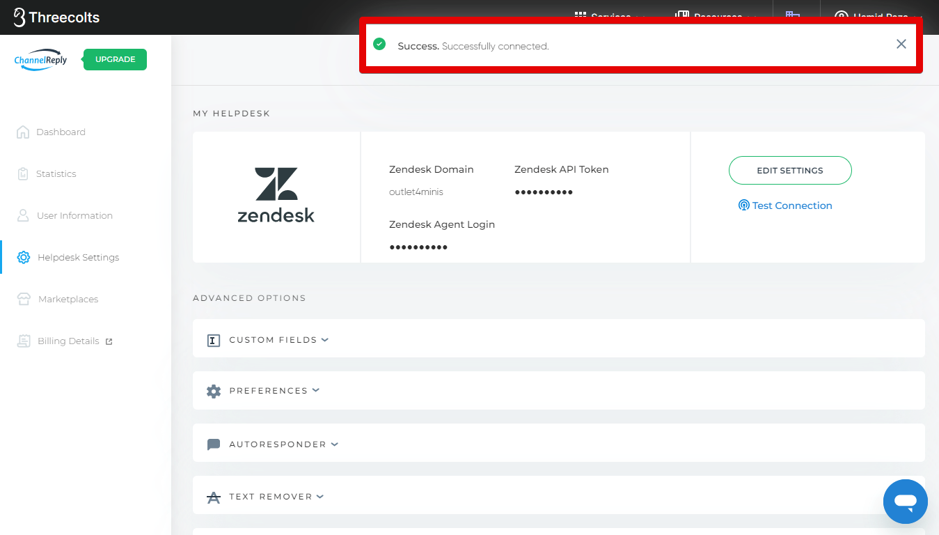 Success notification in ChannelReply Helpdesk Settings