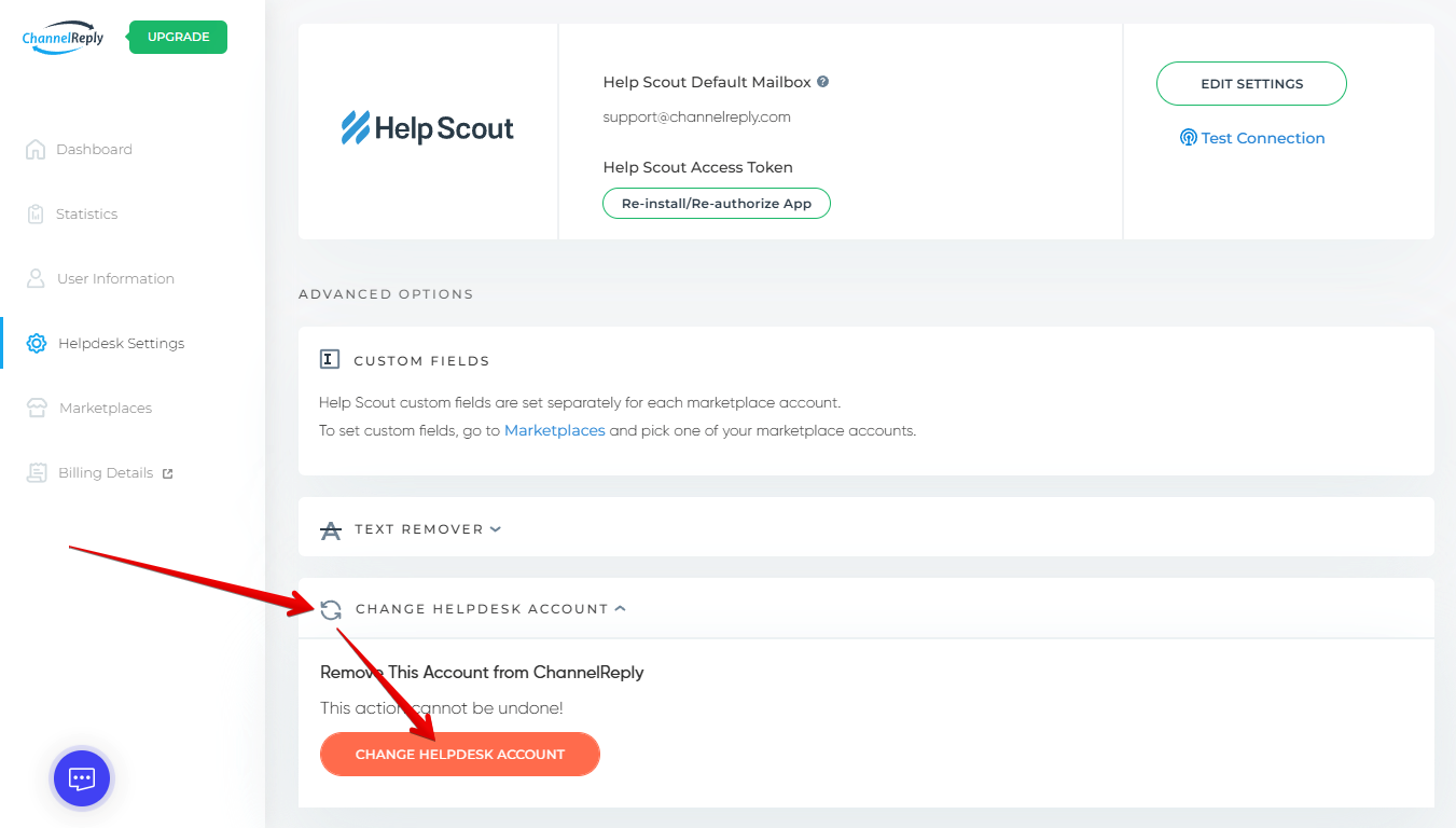 Change Helpdesk Account dropdown and button