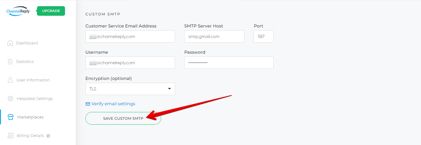 Save Custom SMTP Button