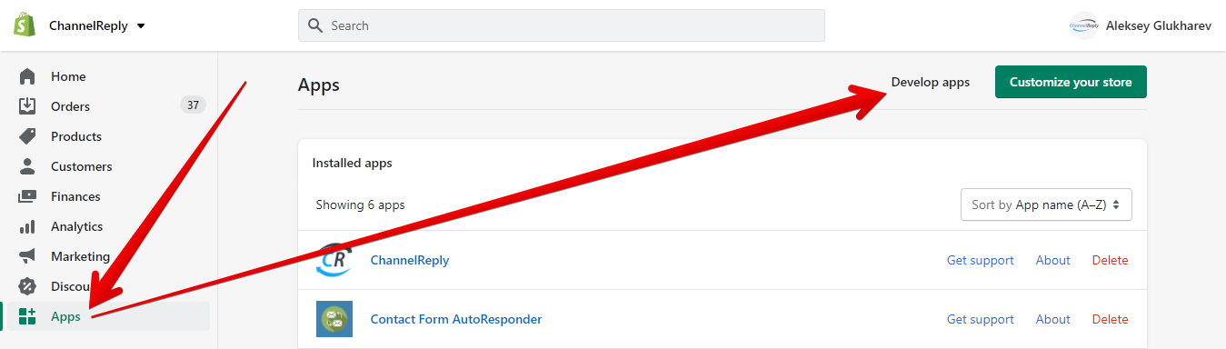 Apps Menu Item and Develop Apps Button in Shopify