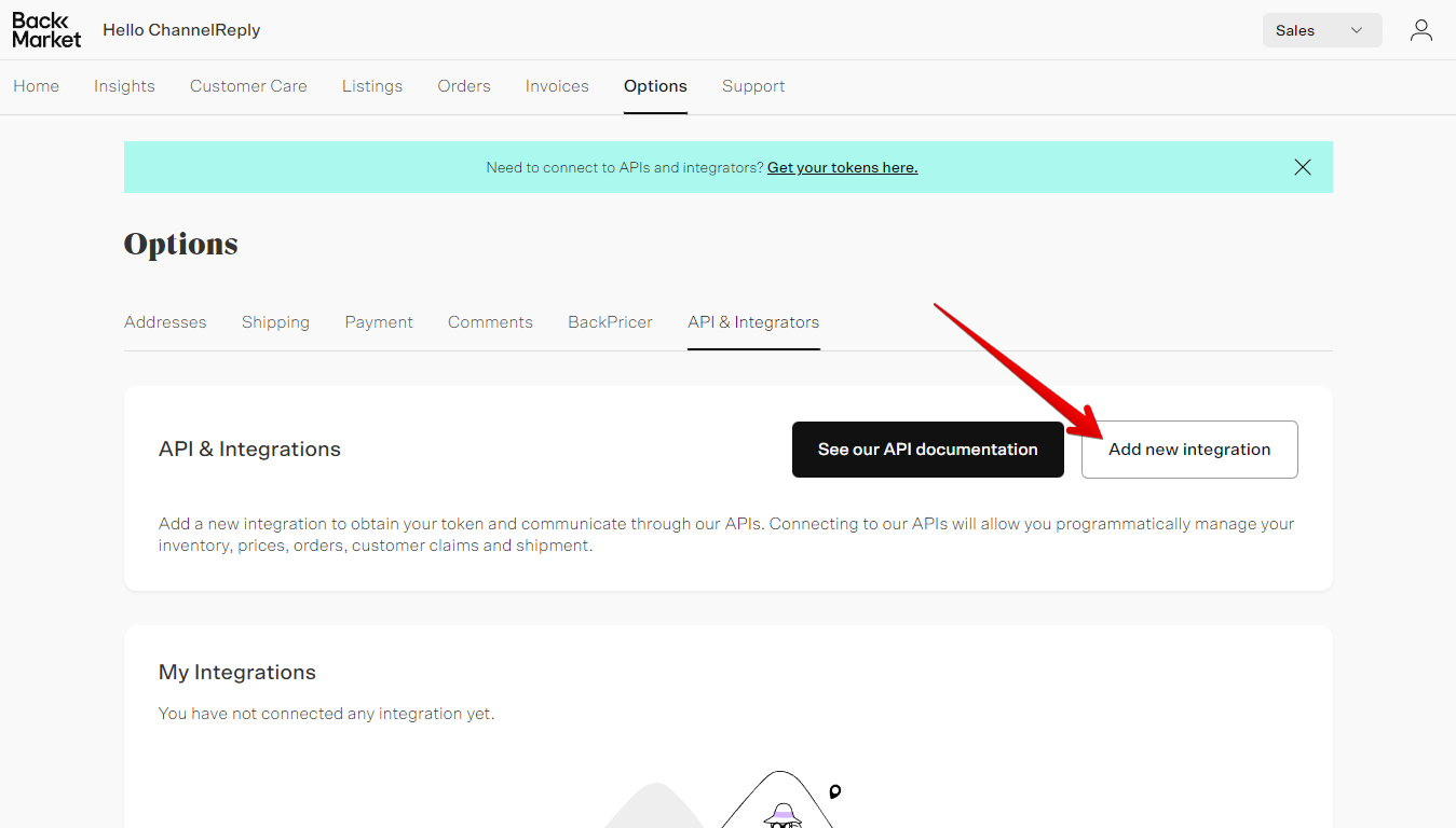 Add new integration button on Back Market