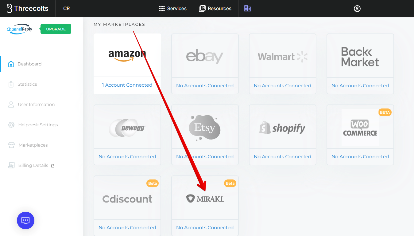 Mirakl tile on the ChannelReply dashboard