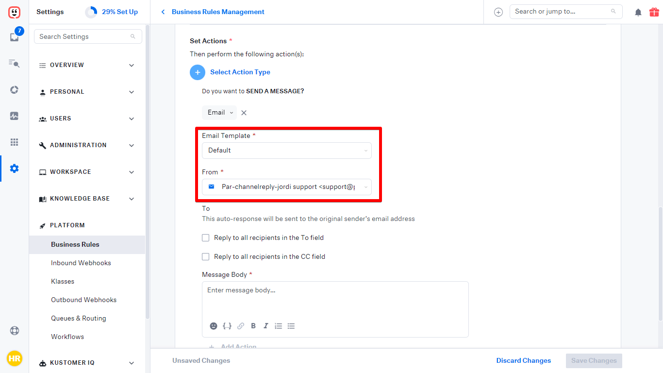 Email Template set as Default and From field with email address selected
