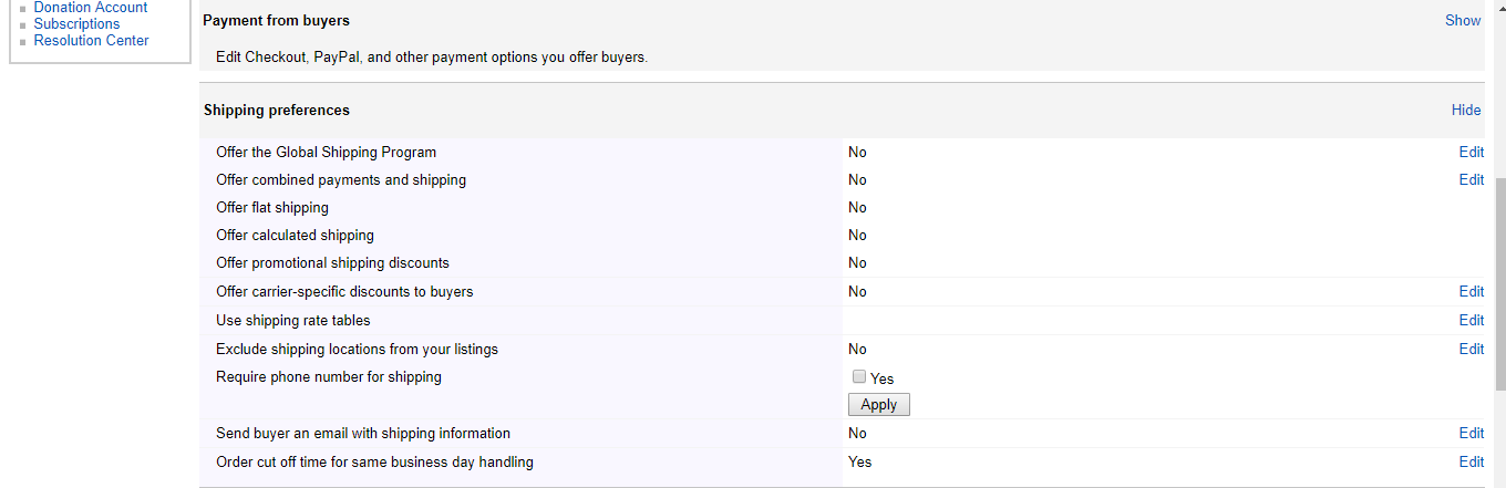 eBay Shipping Preferences