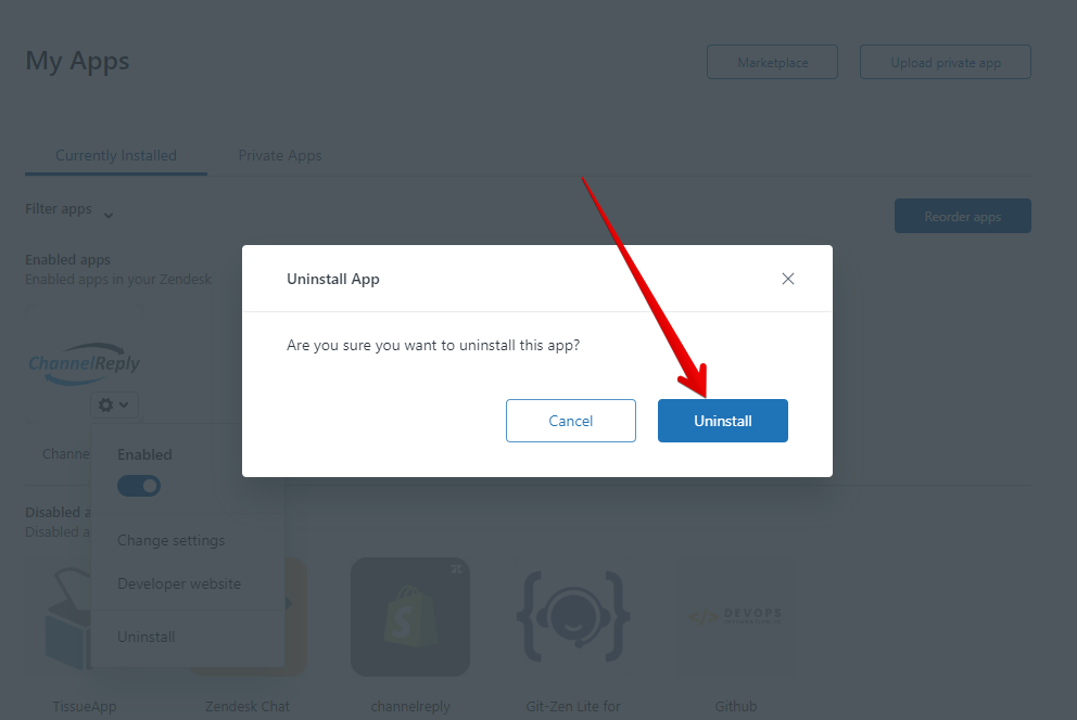 An arrow pointing to the "Uninstall" button