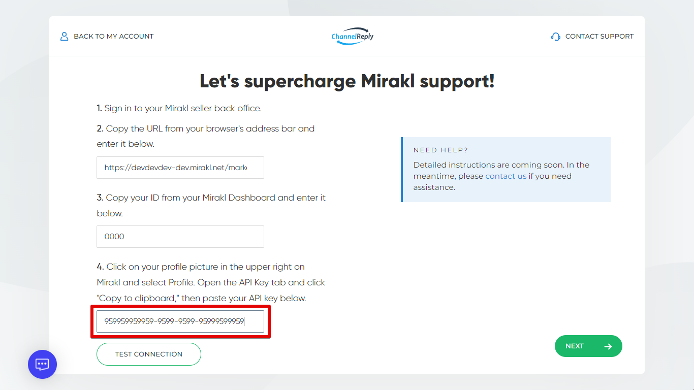 Mirakl API key entered in ChannelReply