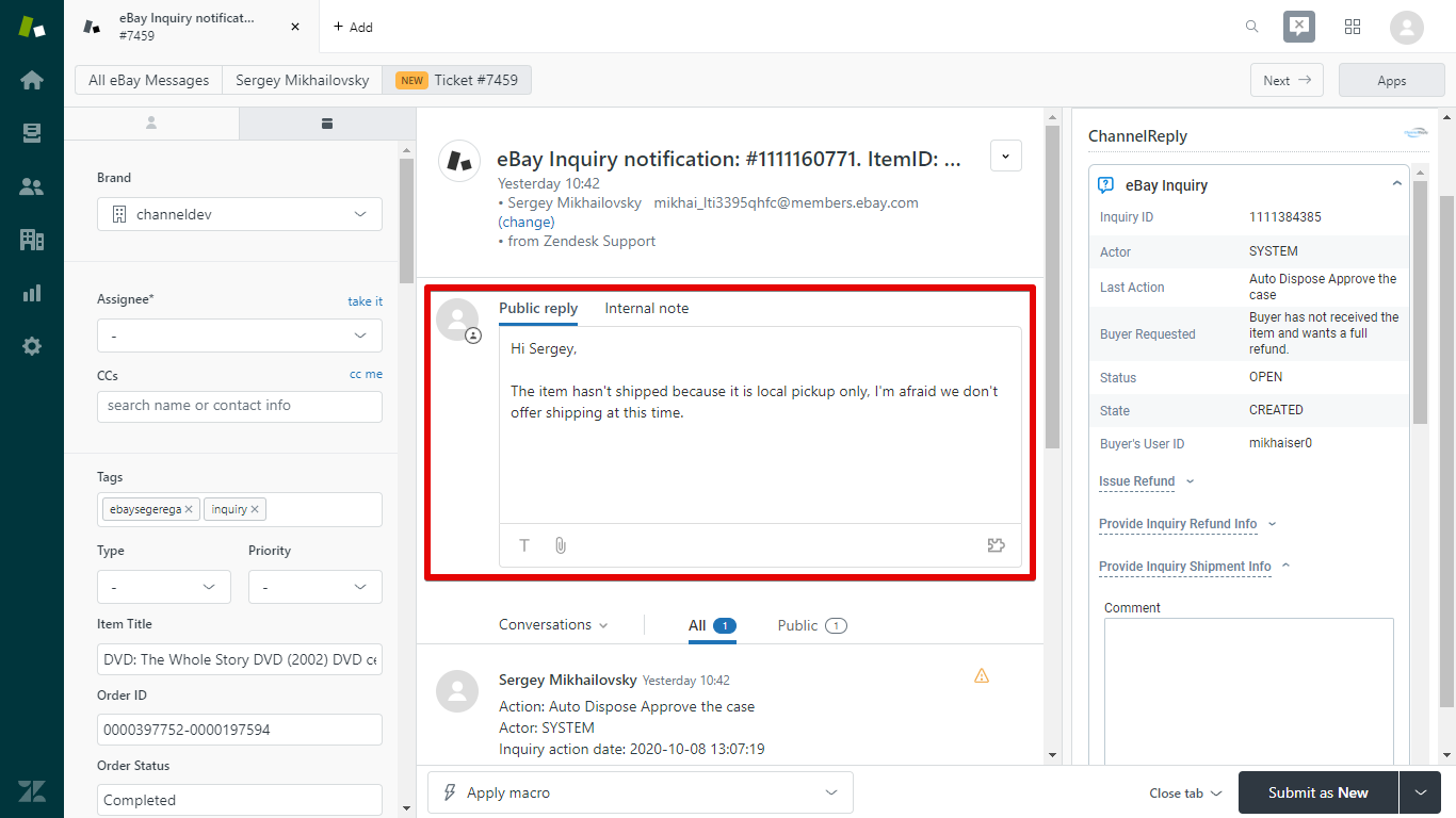 Reply to eBay Inquiry in Zendesk