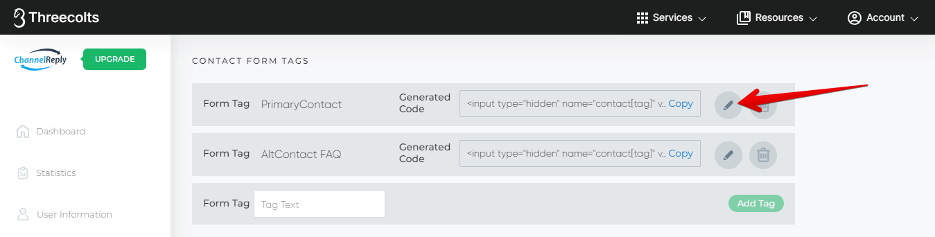 Editing an existing tag by clicking the pencil icon