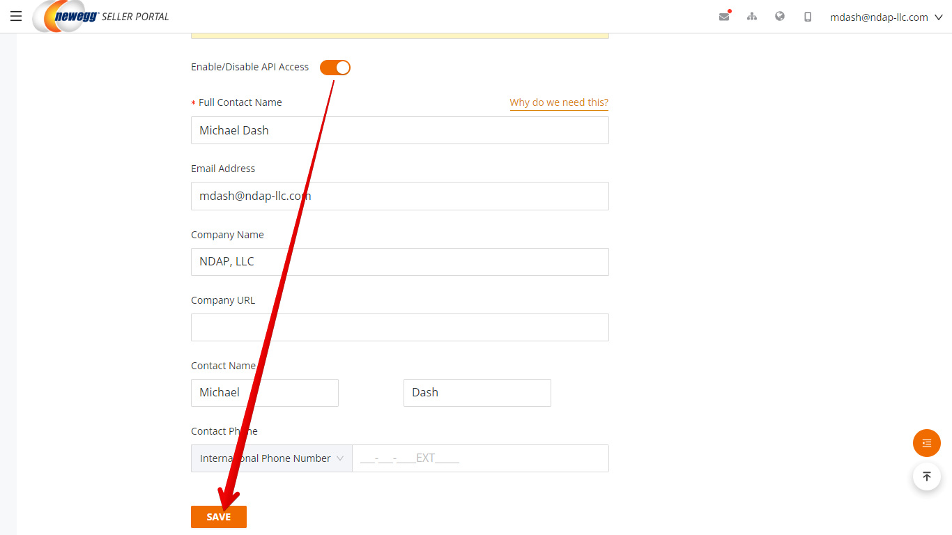 API Access Enabled and Save Button