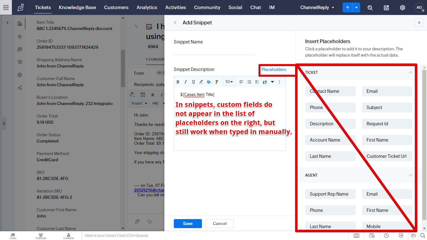 How to use custom fields as placeholders in Zoho Desk snippets