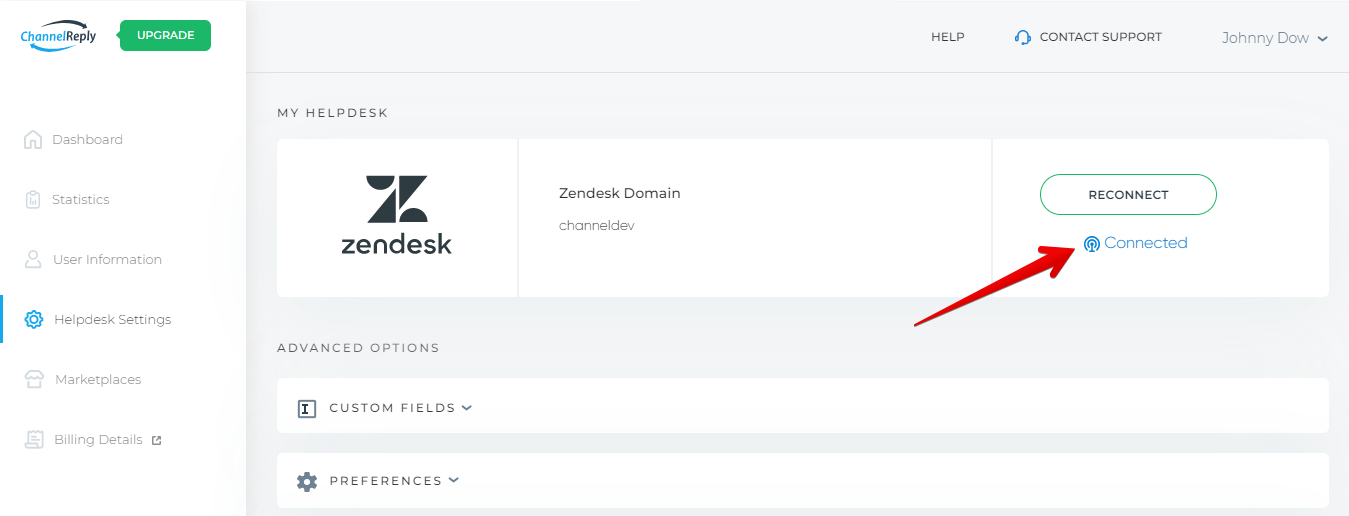 Connected status in Helpdesk Settings