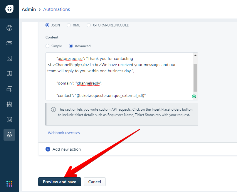 "Preview and save” button in Freshdesk automations